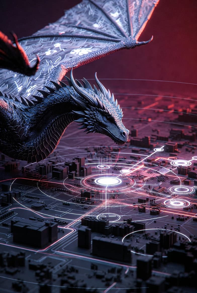 Dragon over city skyline